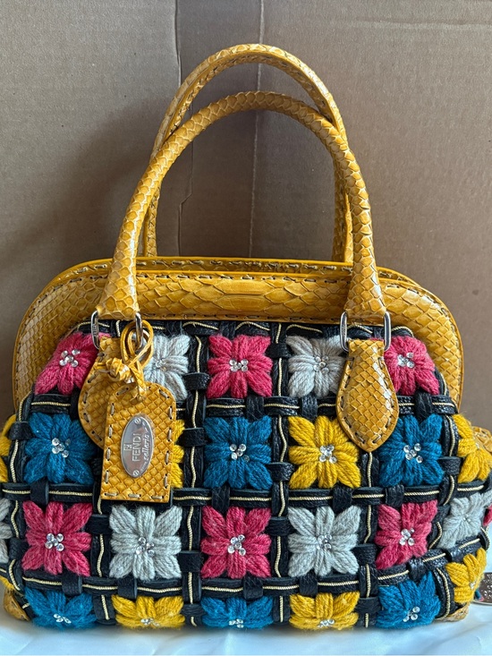 Fendi Handbags - Fendi Selleria Yellow skin Woven Floral Accent Handbag